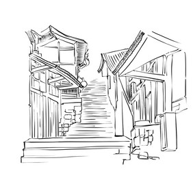 古建筑线描老街古街