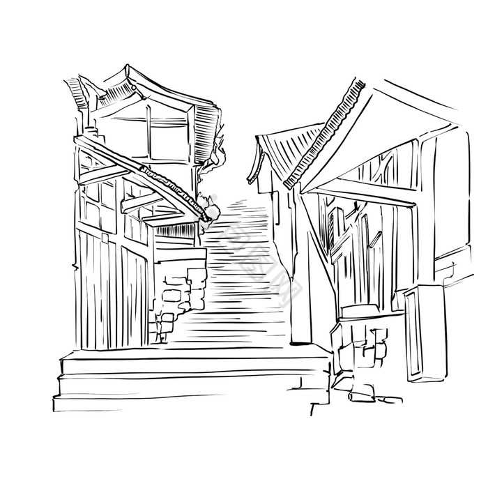 古建筑线描老街古街