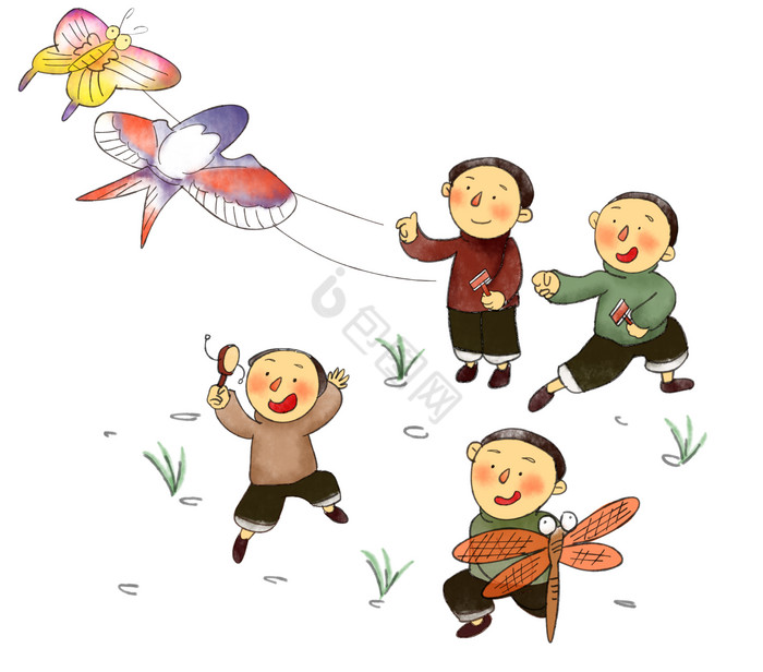 线描款儿童放风筝插画