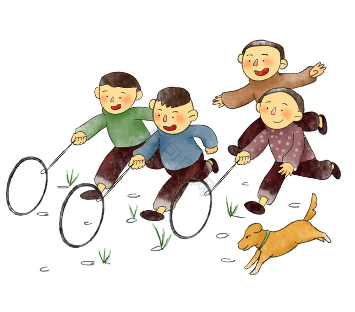 线描款儿童玩耍转铁环插画