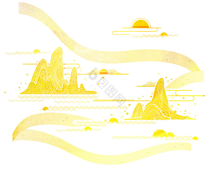 金色山水纹太阳插画图片