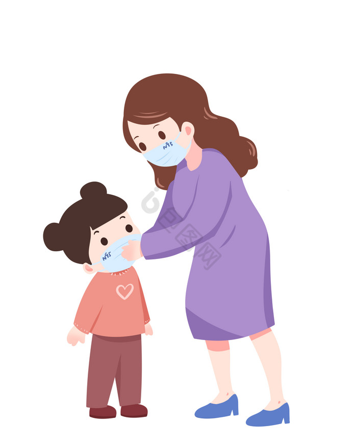 疫情防控母女戴口罩插画图片