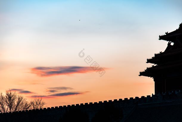 北京传统建筑中国风故宫角楼日出剪影摄影图图片