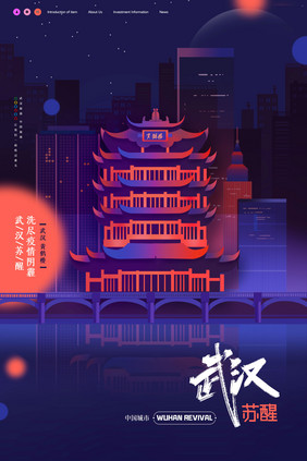 简约武汉夜景插画海报