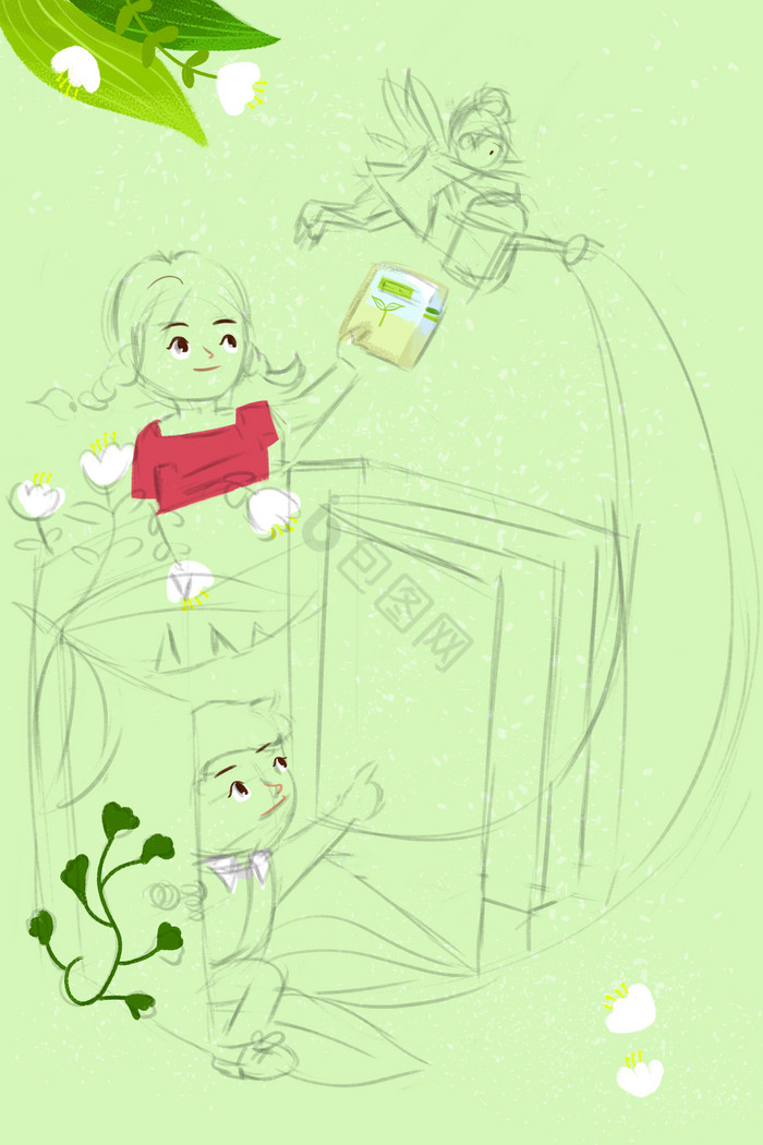 植物精灵世界读书日男孩女孩插画图片