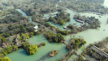 航拍浙江杭州西溪湿地公园河港池塘船舶素材