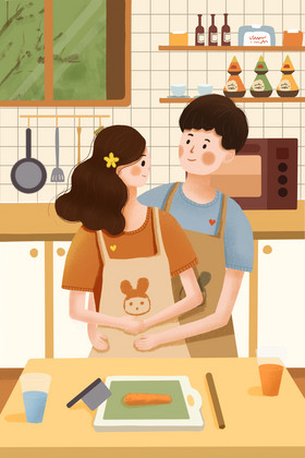 温馨520情人节居家情侣厨房做饭插画