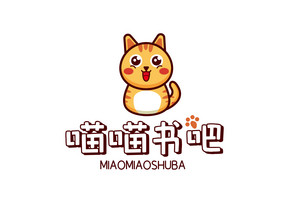 暖色卡通猫咪书吧logo