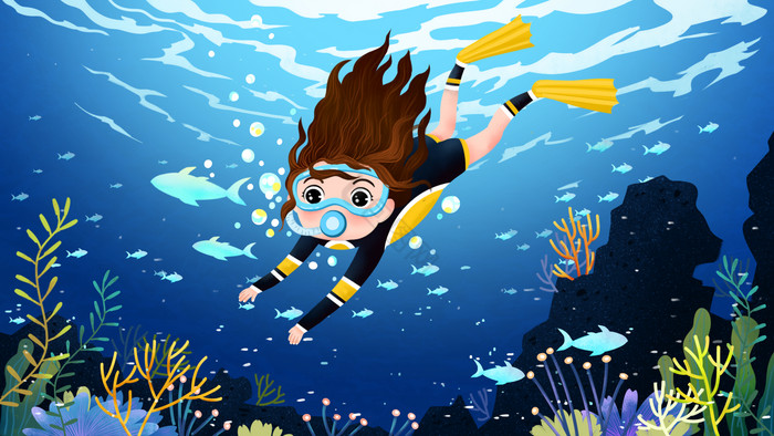 潜水员女孩鱼世界海洋日插画图片