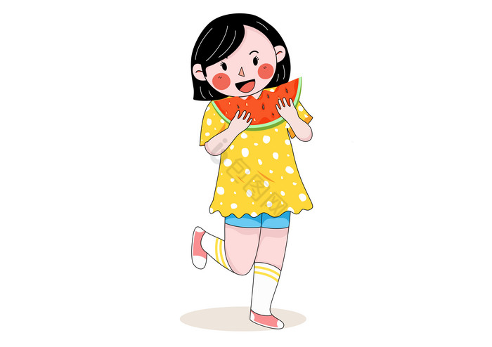 夏至吃西瓜的小女孩图片
