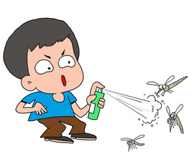 男孩喷杀虫剂驱蚊
