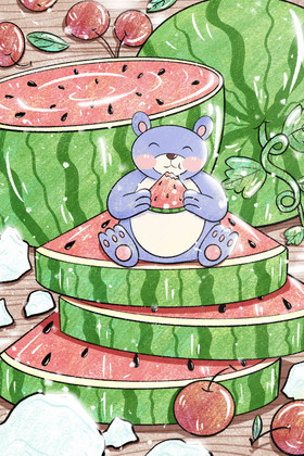 夏至小熊吃西瓜插画