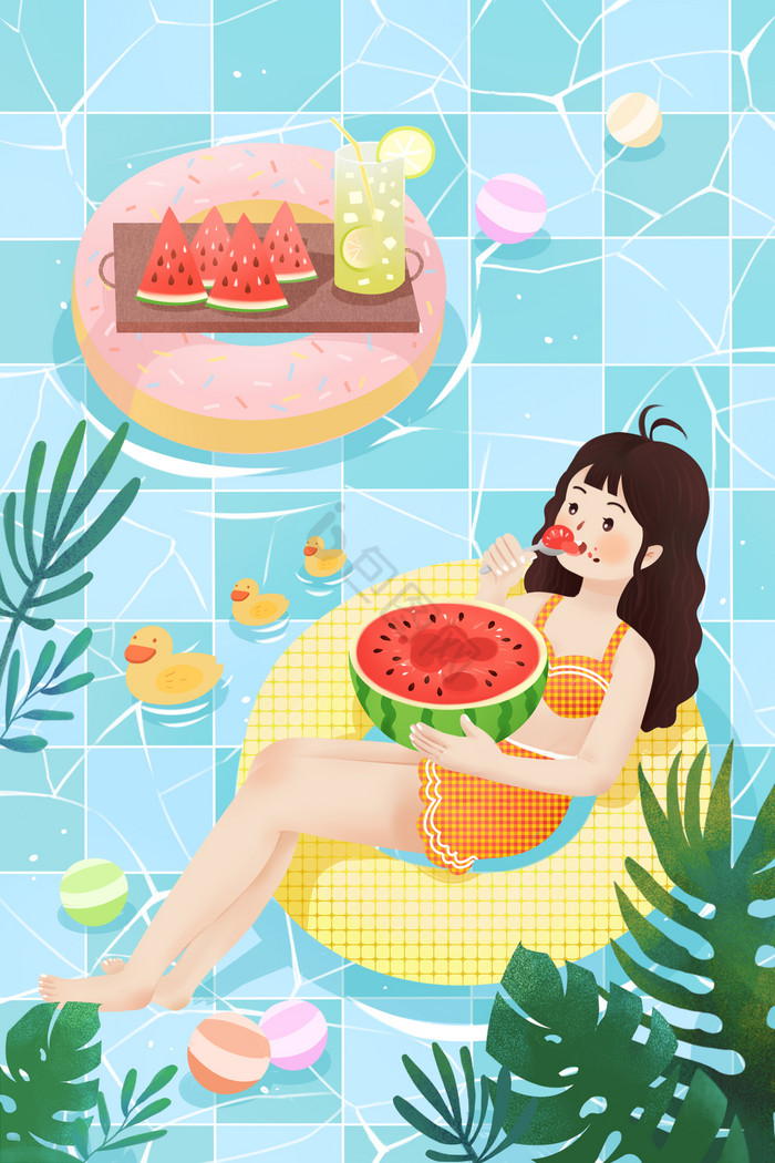 清凉夏天泳池女孩西瓜大暑小暑插画图片