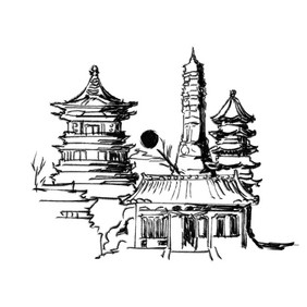 线描古代旅游建筑