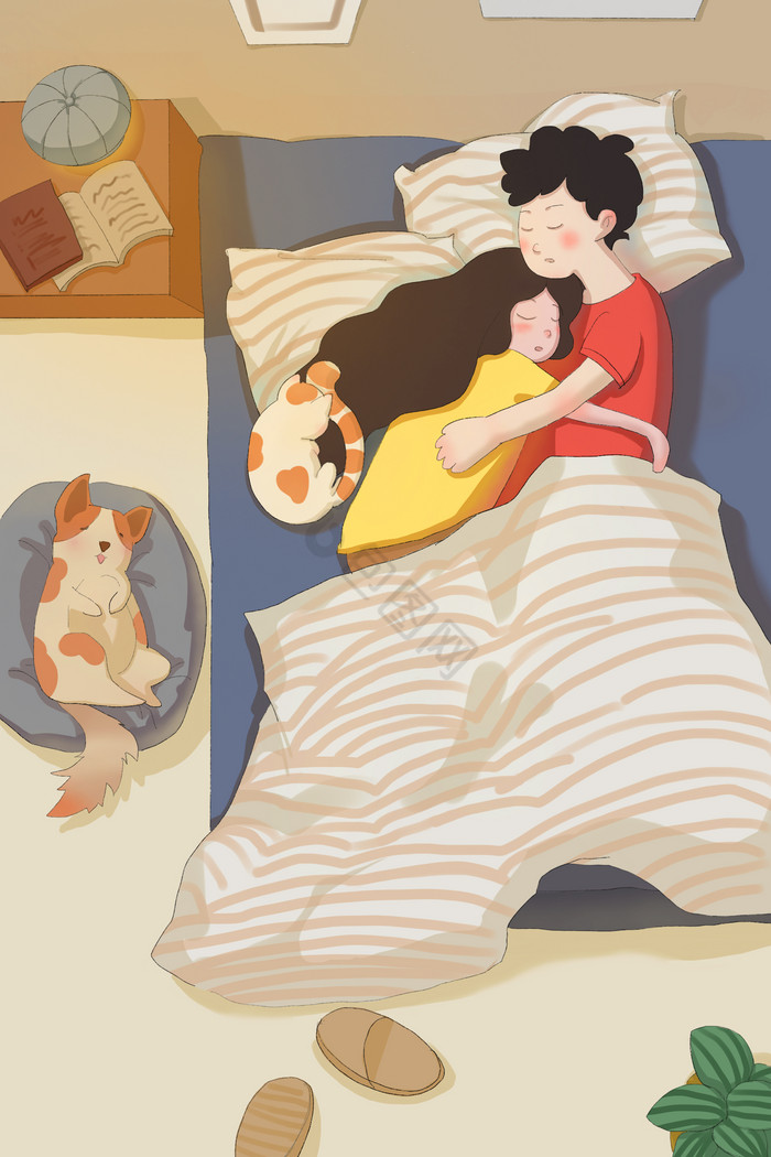 温馨拥抱七夕情人节情侣午睡插画
