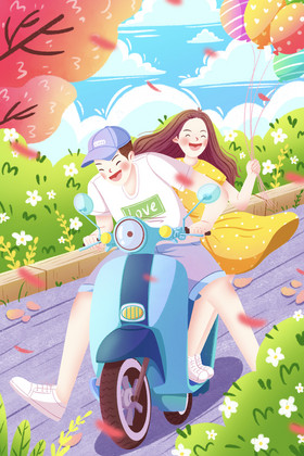 七夕节情侣骑车兜风插画图片