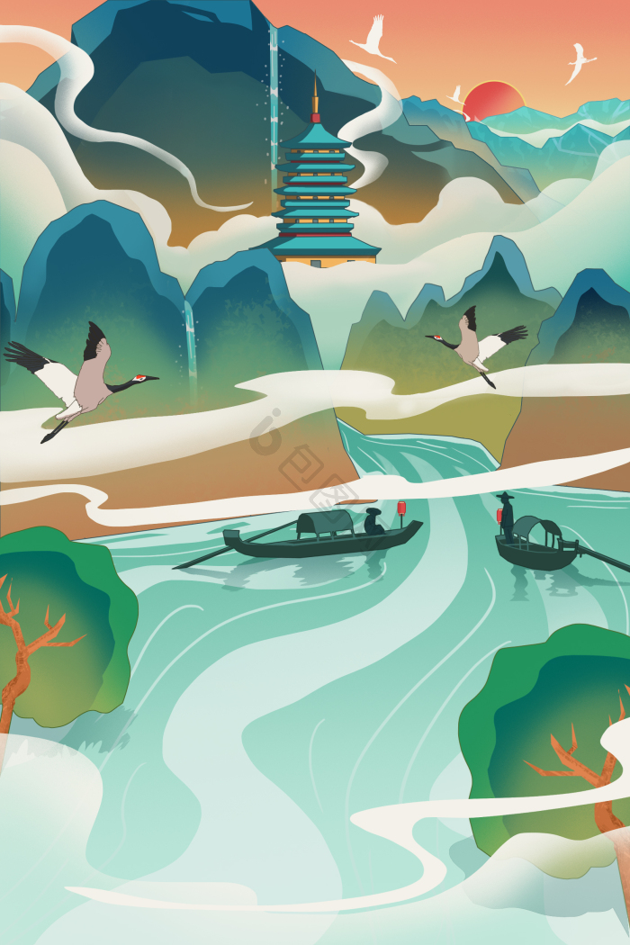 中国风山水插画-中国风山水插画图片-包图网