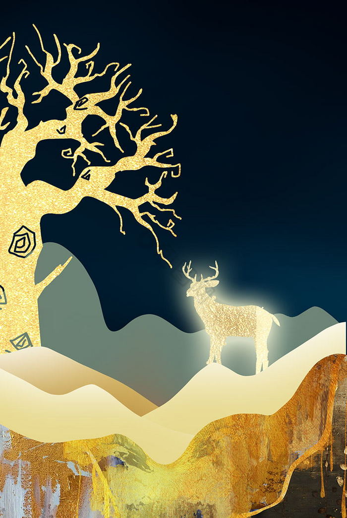 鎏金山水麋鹿装饰画图片