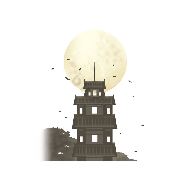 月亮灯塔插画图片