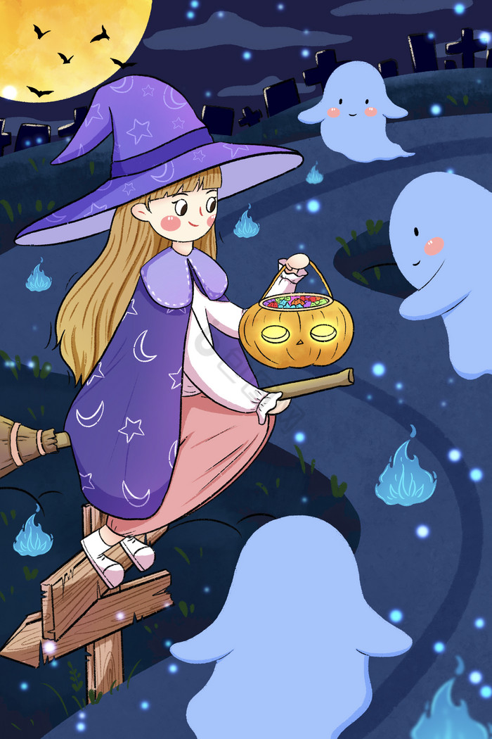 万圣节小巫婆与幽灵插画图片