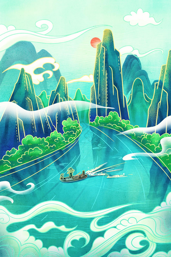 蓝桂林山水风景区插画图片