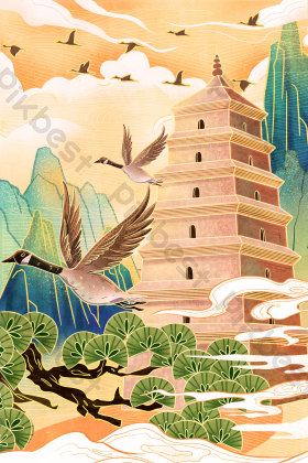 黄西安大雁塔风光建筑景区插画