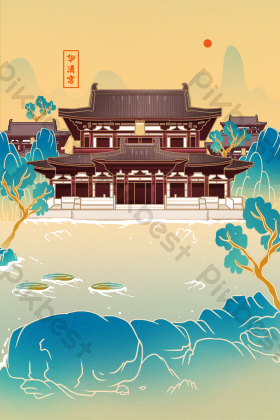 蓝金色中国风西安华清宫建筑风景插画图片
