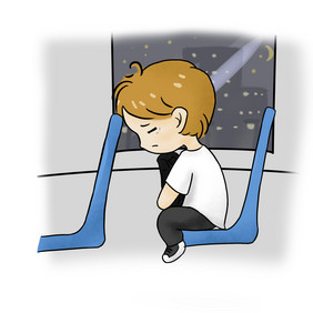 男孩疲惫坐公交