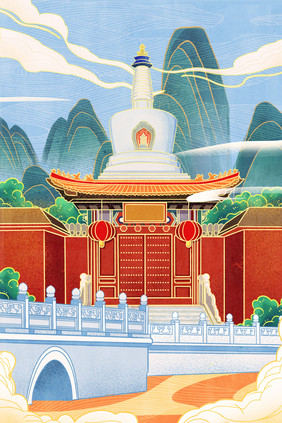 红蓝色中国风风光建筑北京白塔寺景区插画