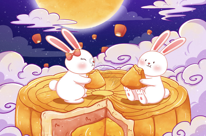 八月十五中秋节兔子吃月饼插画图片