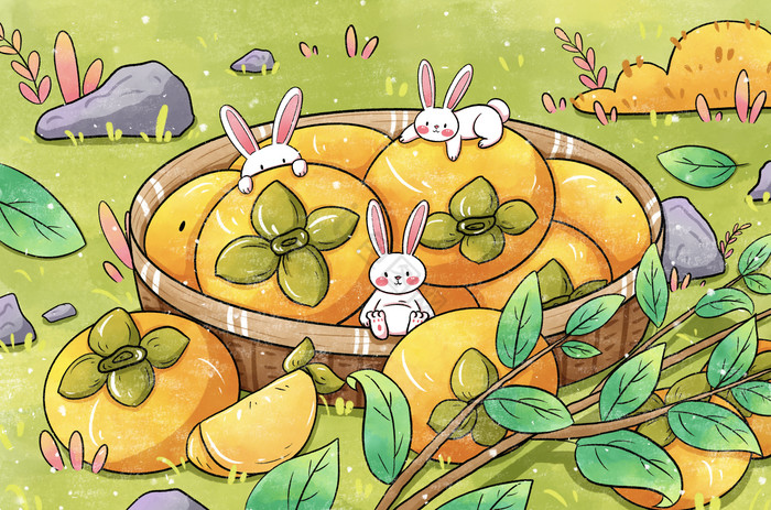 霜降兔子与柿子插画图片
