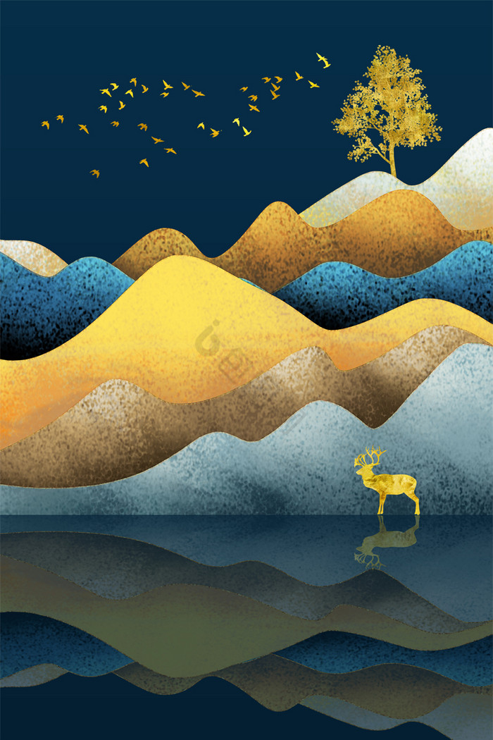 新中式山水鎏金麋鹿飞鸟金色装饰画图片