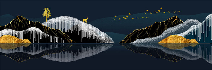 新中式山水鎏金麋鹿晶贝画飞鸟装饰画图片