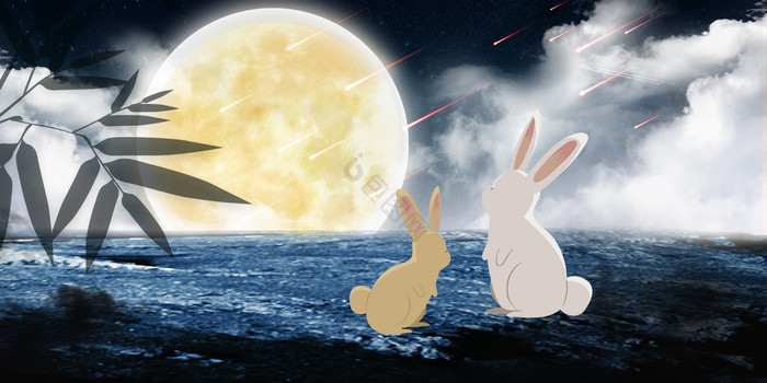 双节同庆中秋国庆兔子赏月图片