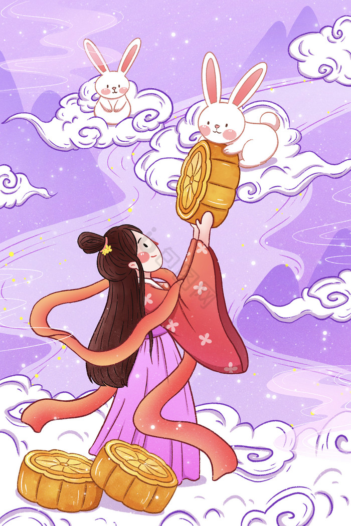 中秋节嫦娥与玉兔插画
