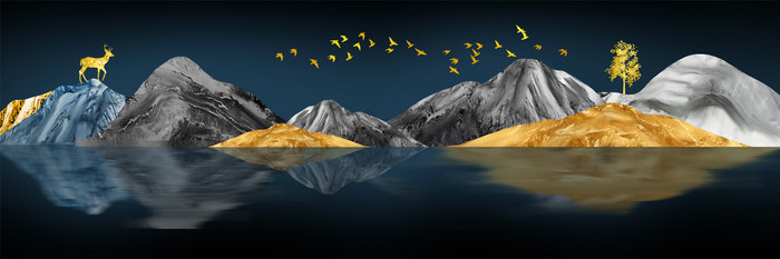 新中式抽象鎏金山水金色飞鸟麋鹿装饰画图片