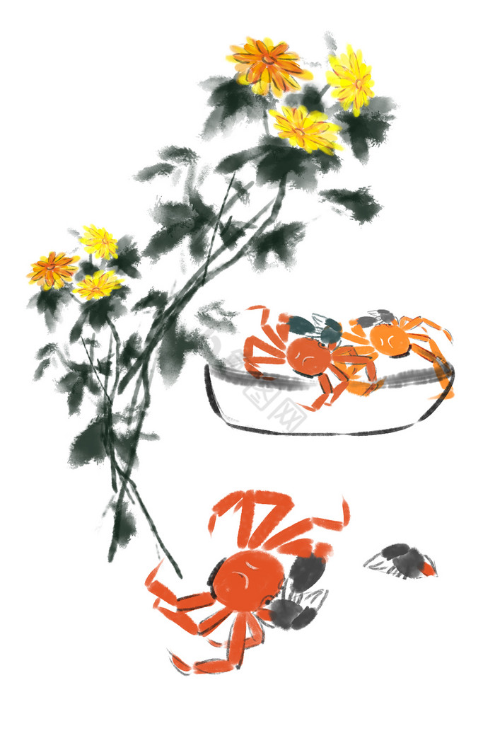 菊花螃蟹重阳节水墨图片