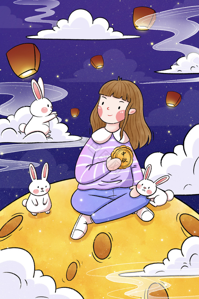 中秋节女孩与兔子在月亮上插画图片