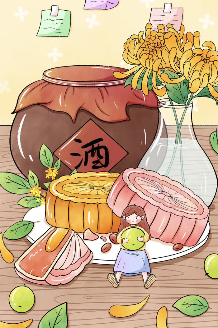 八月十五中秋节月饼和女孩插画图片