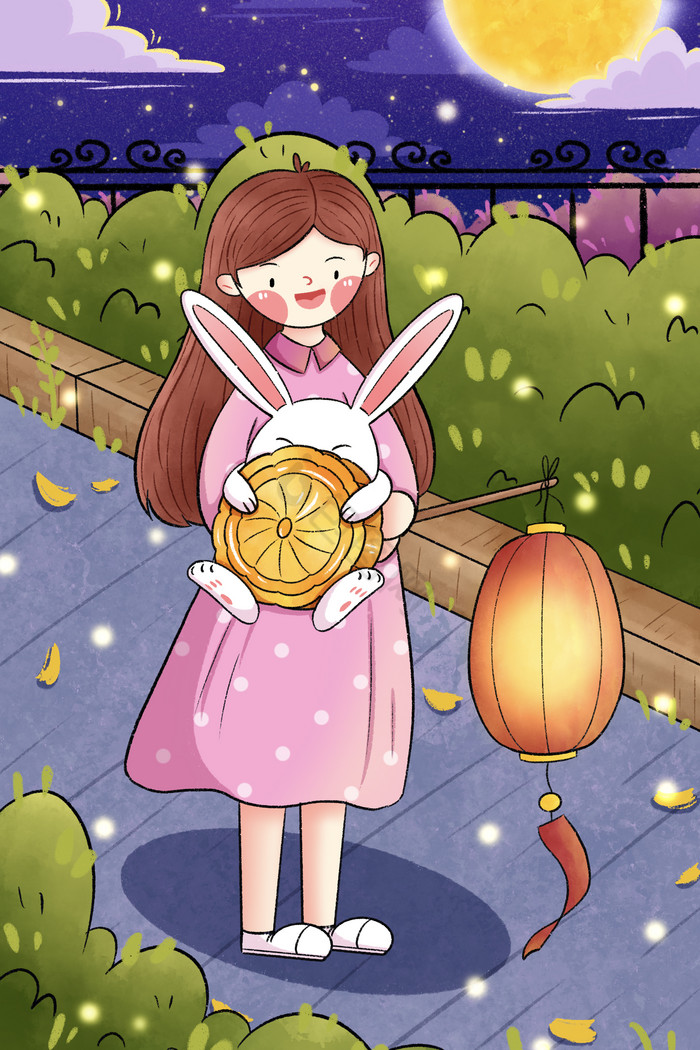 八月十五中秋节提灯笼的女孩插画图片