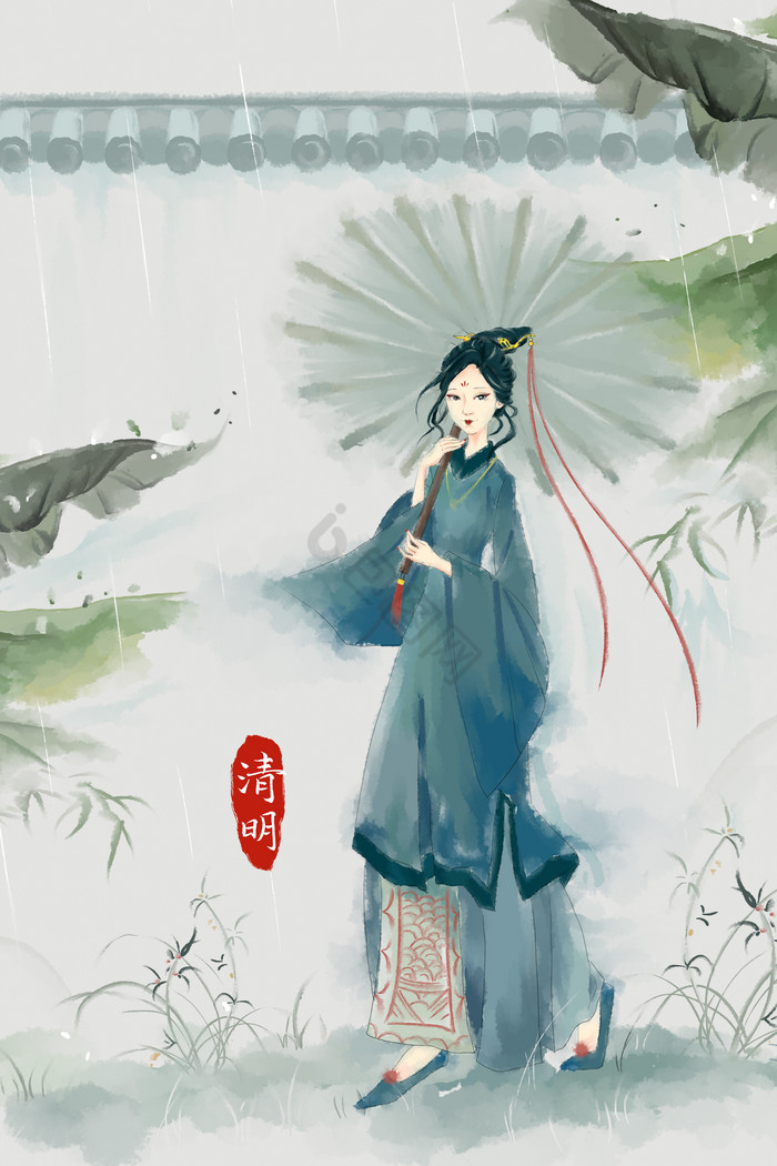 中国仕女图仕女图弹琴水墨古风海棠花仕女图浮世绘之冬季撑伞仕女图