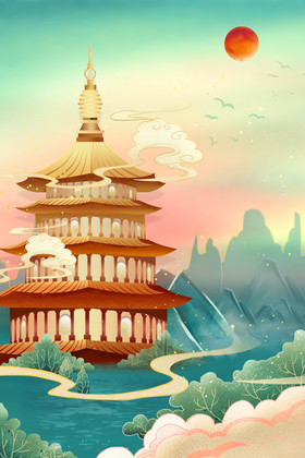 意境古风山水建筑雷峰塔中国风插画图片