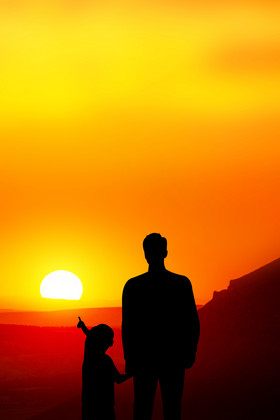 父亲节父子剪影看落日背景图片