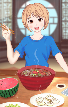 卡通小清新美食少女电商插画