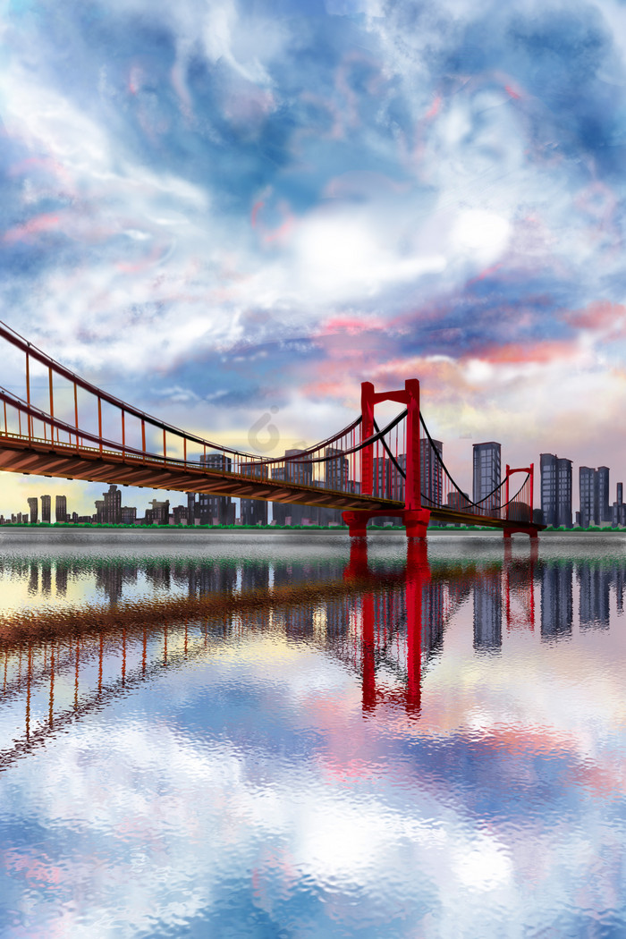 城市武汉大桥建筑风景插画图片