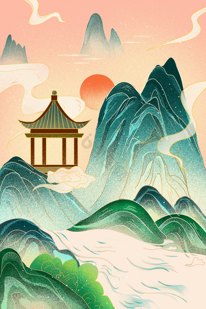 山水建筑插画图片下载-包图网