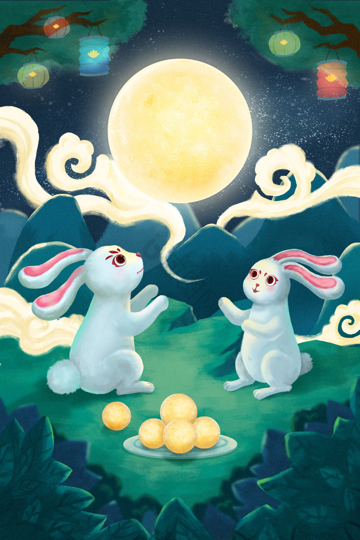 中秋节兔子赏月放花灯插画图片