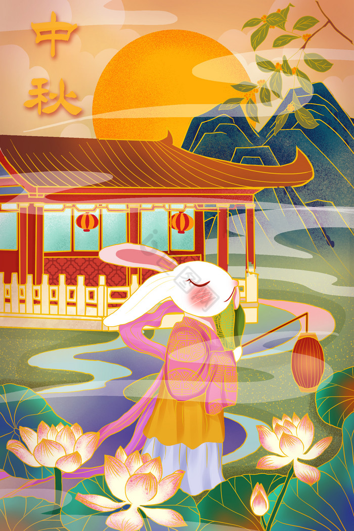 中秋中国风古风兔子插画图片