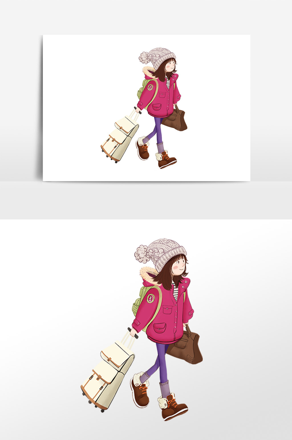 冬季拉着行李箱旅游的小女孩