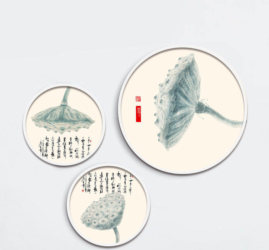中国风水墨手绘多子多福莲子三联装饰画